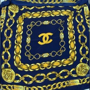 Authentic CHANEL Navy and Gold Chain Motif Scarf